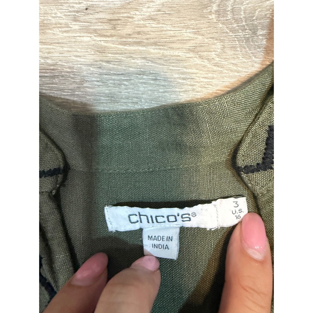 Chico's Olive Green Linen Blend Embroidered Balloon Sleeve Tunic Top XL Boho - Picture 7 of 11